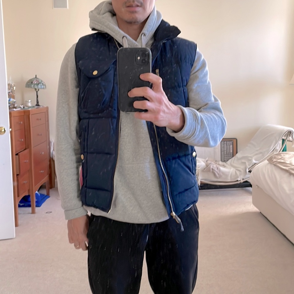 Men’s Navy Blue and Orange Puffer Vest (small)